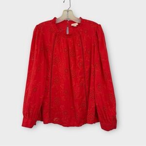Nicole Miller Artelier Long Sleeve High Neck Eyelet Blouse in Red Women's size S